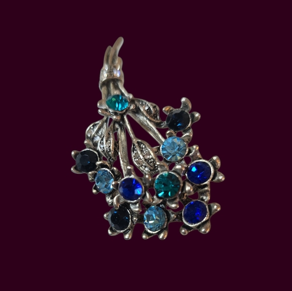 Vintage Silver Tone Blue Rhinestone Flower Bouquet Brooch - Picture 3 of 4